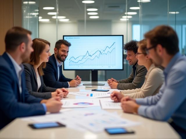 Group of diverse individuals collaborating on financial planning, representing growth and education.