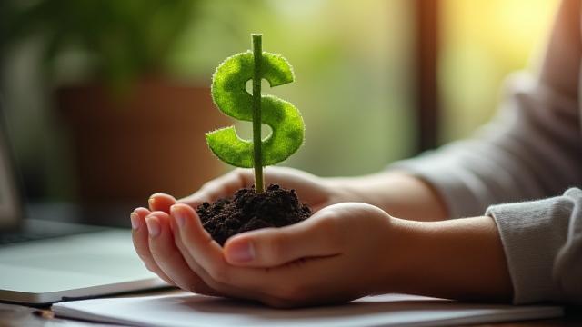 A person watering a plant shaped like a dollar sign, symbolizing personal financial growth and nurture.